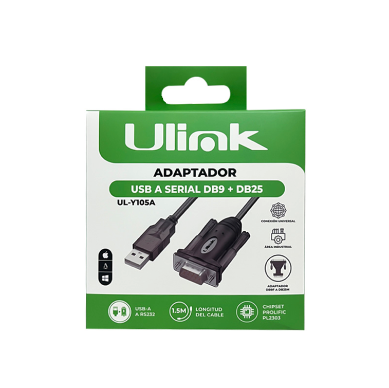 Adaptador USB a Serial DB9 DB25 Chip Prolific 1.5MT Ulink