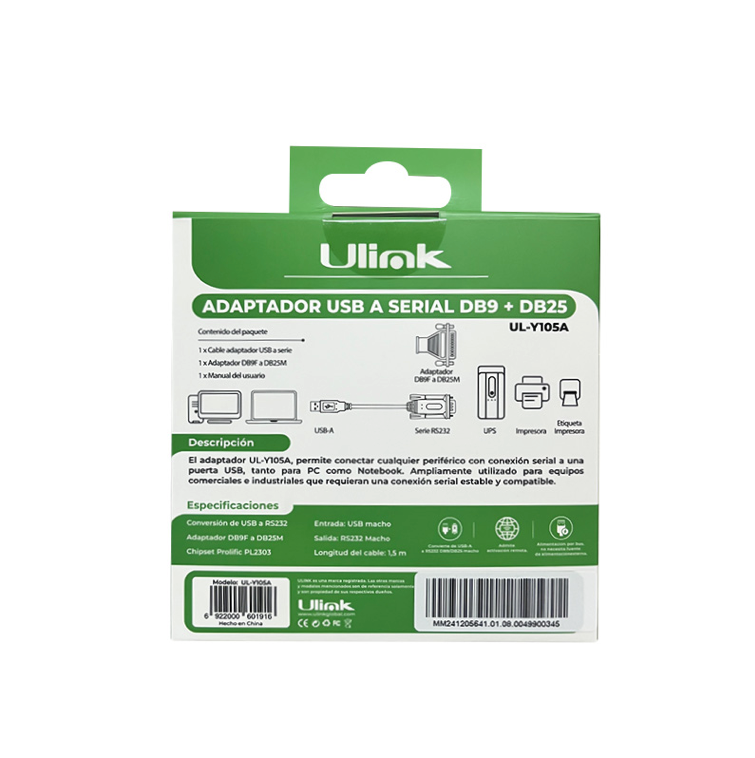 Adaptador USB a Serial DB9 DB25 Chip Prolific 1.5MT Ulink