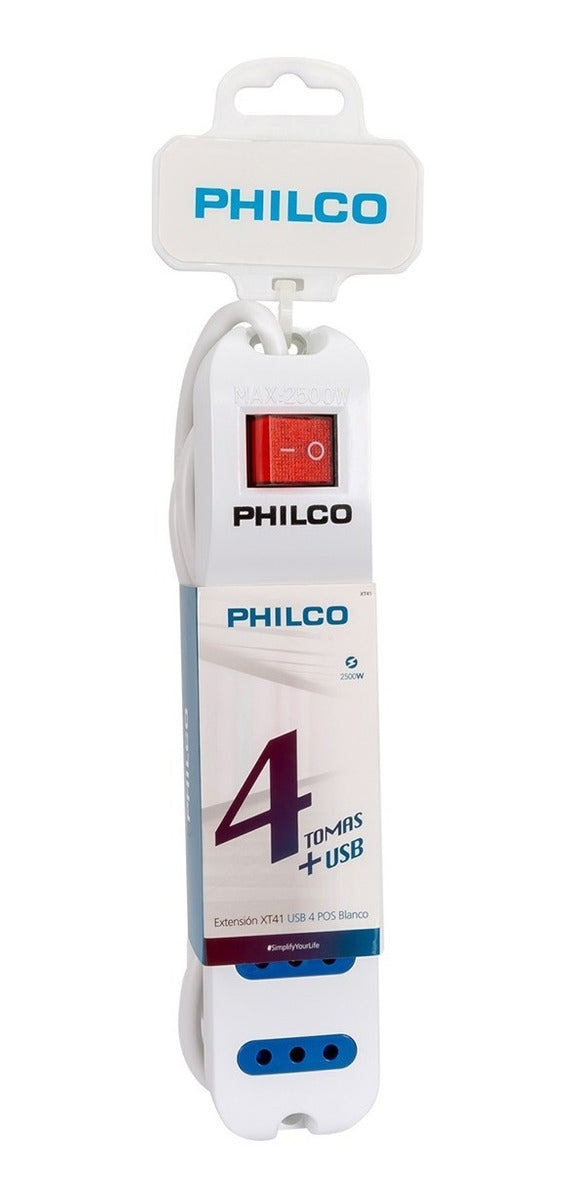Alargador Corriente 220V 4 Entradas + 2 USB Philco XT41