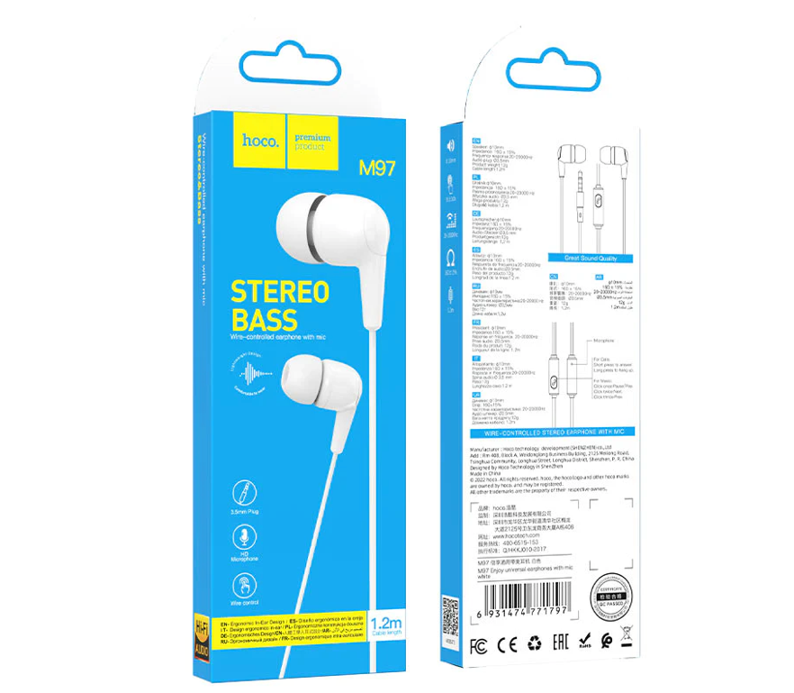 Audifonos Cableados Hoco Stereo Bass M97 Blanco