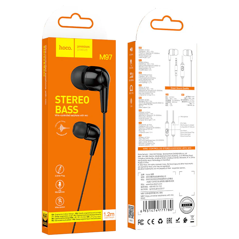 Audifonos Cableados Hoco Stereo Bass M97 Negro