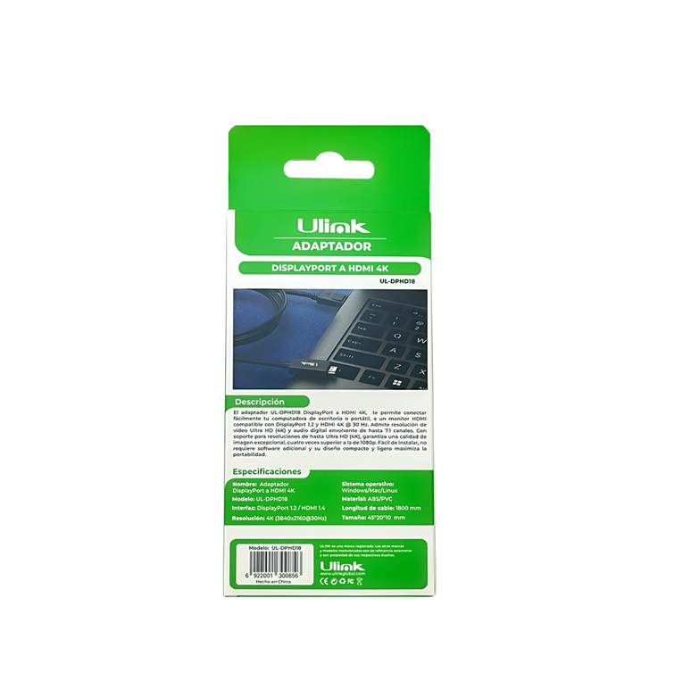 Adaptador DisplayPort Macho a HDMI 4K 1,8MT Ulink UL-DPHD18