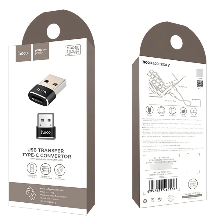 Adaptador OTG USB-A a USB-C Hoco UA6 Negro