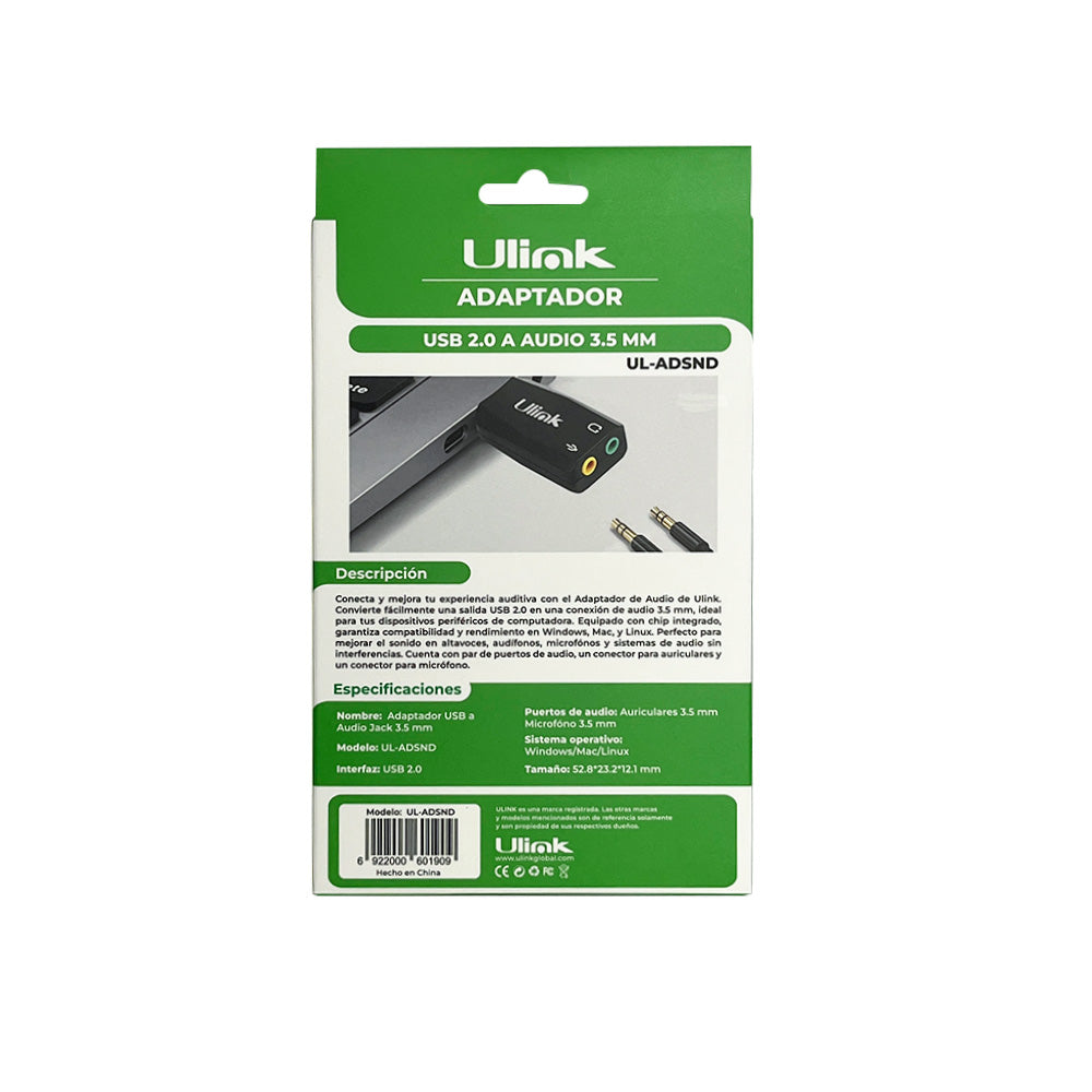 Adaptador USB 2.0 A Audio 3.5mm UL-ADSND
