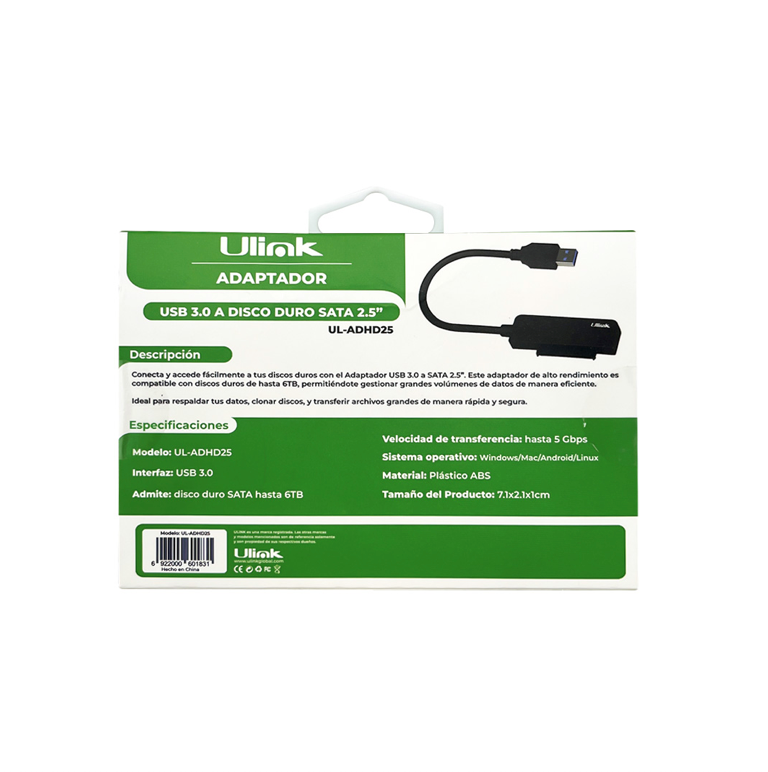 Adaptador USB 3.0 a SATA 2.5” para Disco Duro UL-ADHD25