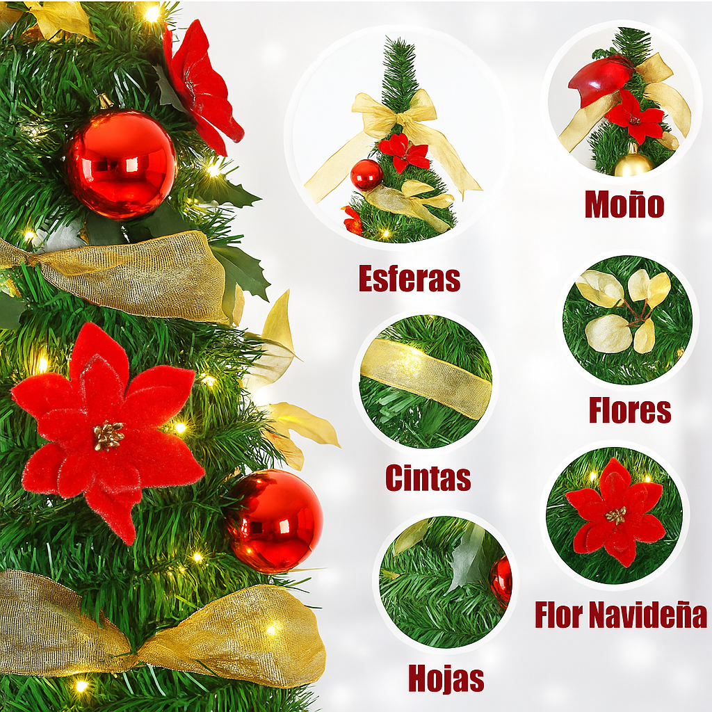 Árbol de Navidad Plegable 1.8 Metros con Decoración y Luces LED