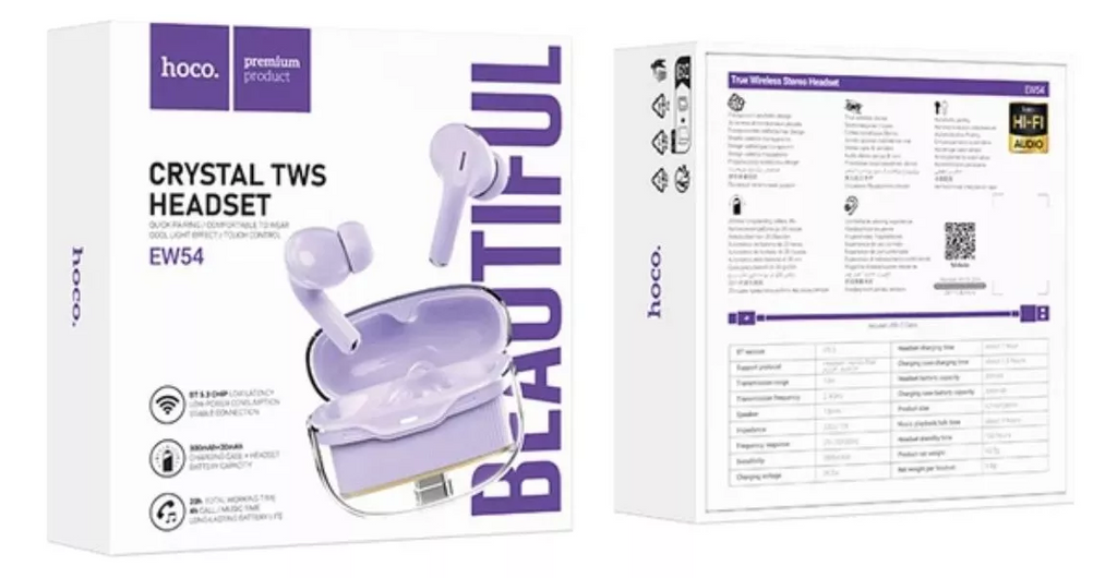 Audifonos Bluetooth TWS In Eear Estuche Recargable HOCO EW54 Lila