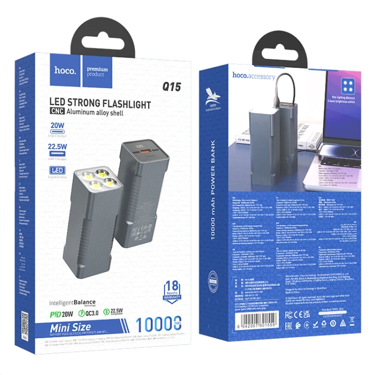Bateria Externa 10000Mah Con Linterna 22W Hoco Q15