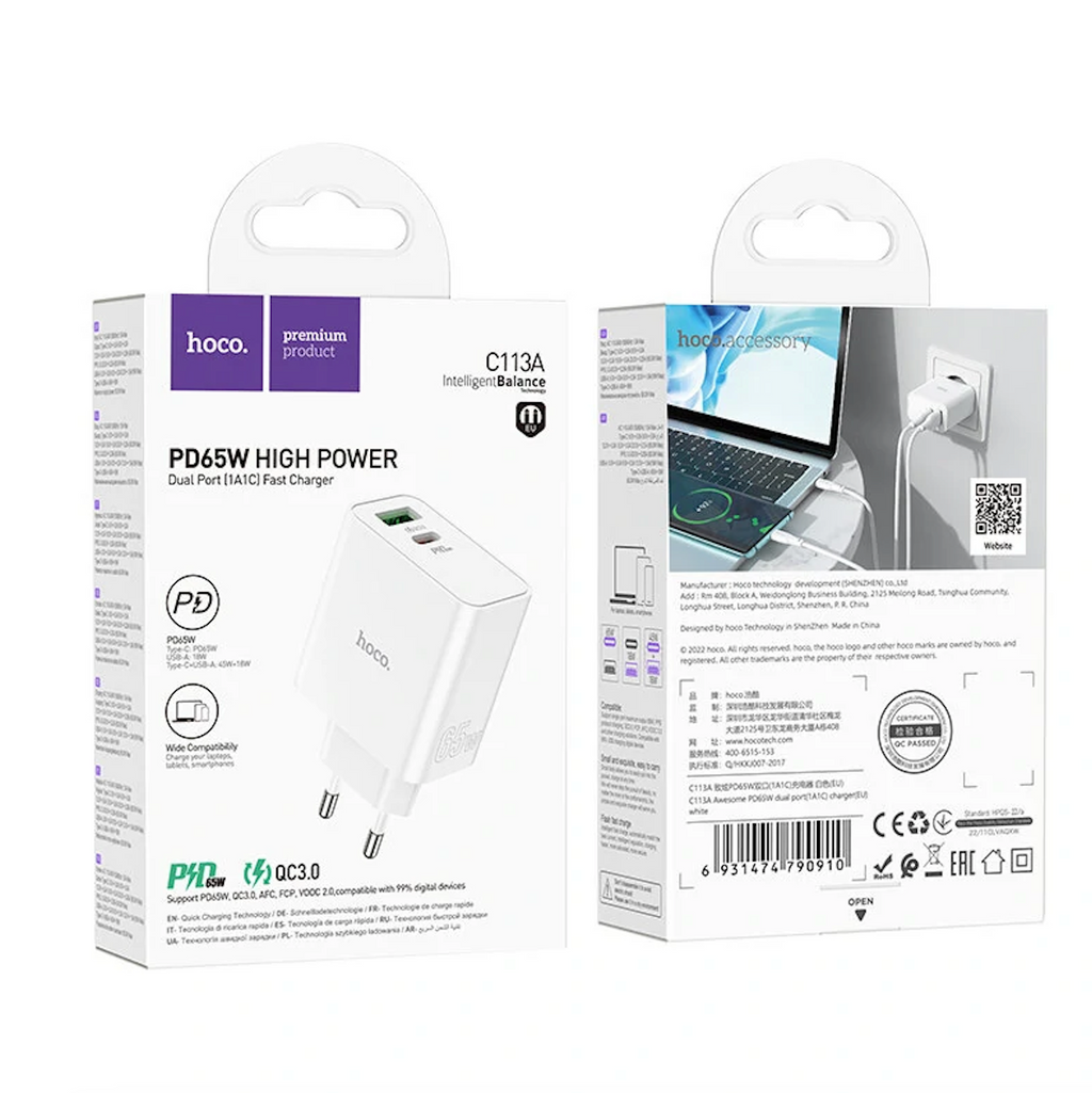 Cargador Carga Rapida Celulares Notebooks PD 65W Hoco C113A