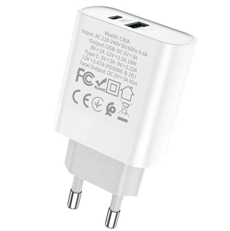 Cargador Carga Rapida Dual PD 20W Android iPhone Hoco C80A