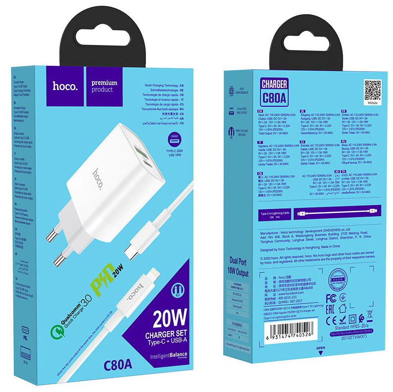 Cargador Carga Rapida Dual PD 20W Android iPhone Hoco C80A