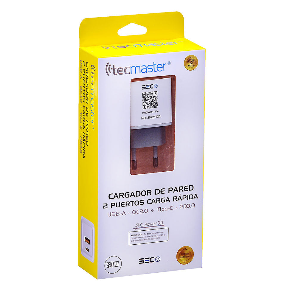 Cargador iPhone Android USB y USB-C 30W QC PD3.0 Tecmaster