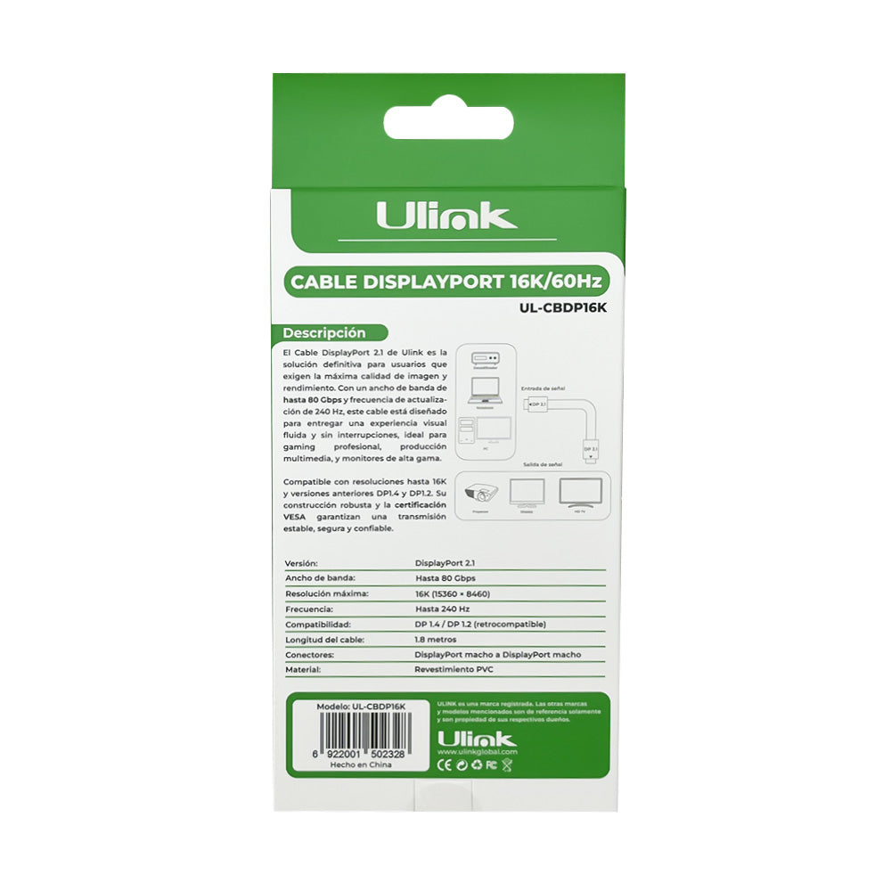 Cable DisplayPort 2.1 Ulink 16K 60Hz 1.8M