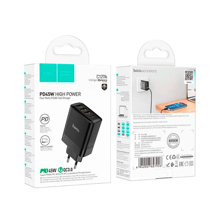 Cargador Hoco C127A PD 45W Negro USB-C Carga Rápida