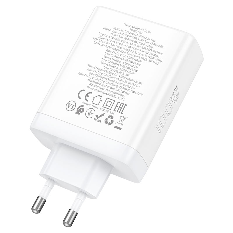 Cargador USB-C 100w Carga Rapida Notebooks Blanco Hoco N31