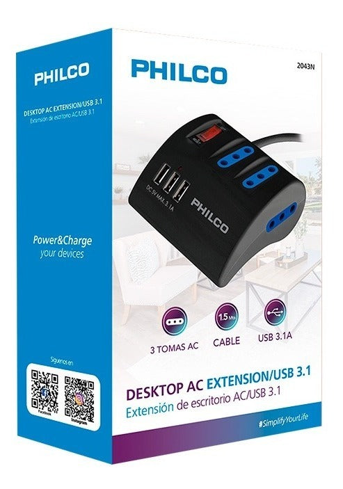 Extension Escritorio 220V + 3USB Philco 2043B