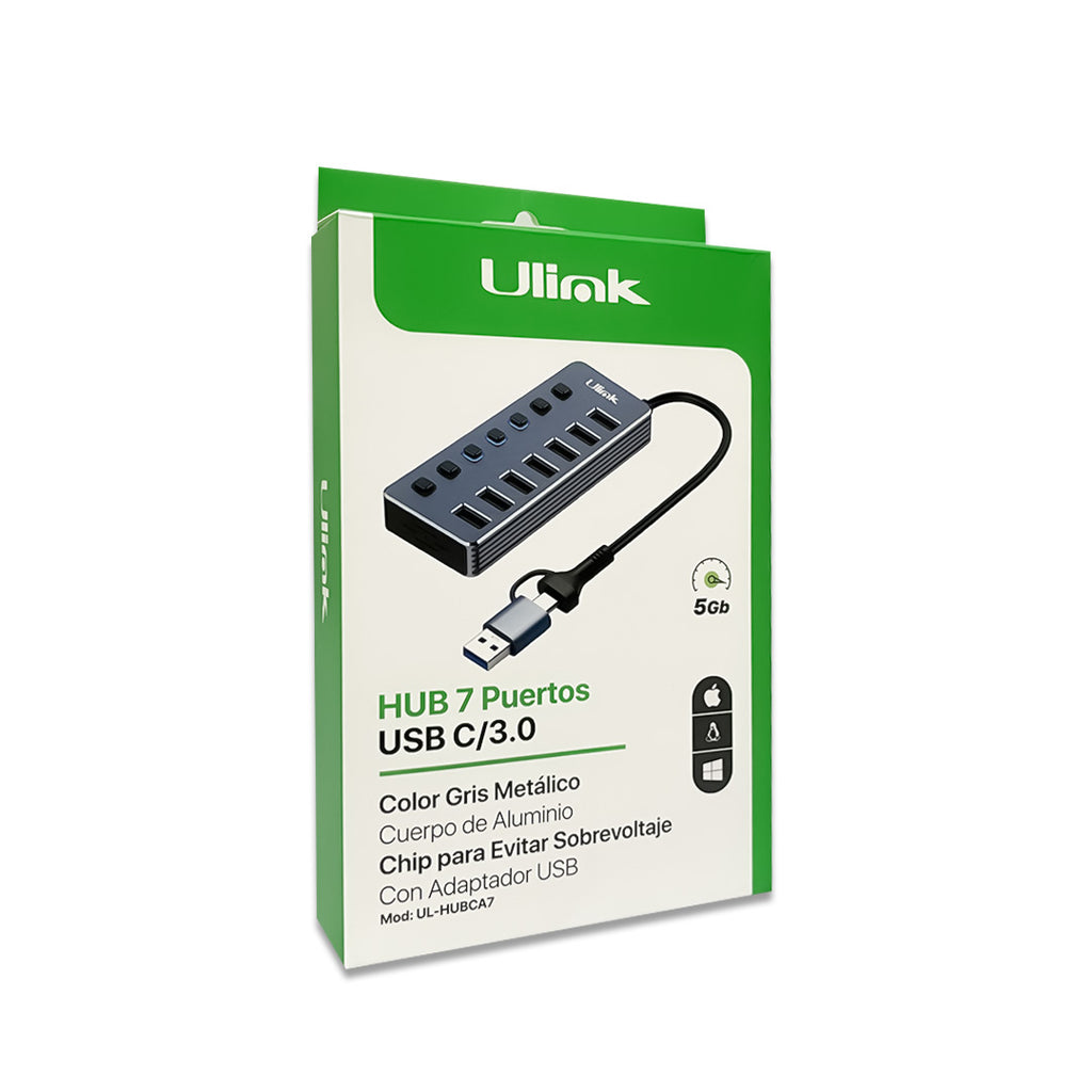 HUB 7 Puertos USB/USB-C Ulink UL-HUBCA7 Aluminio con Switch