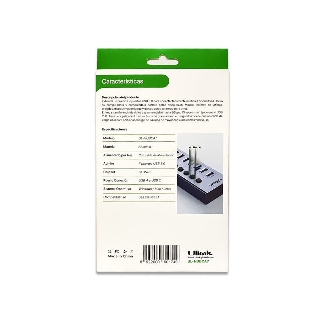 HUB 7 Puertos USB/USB-C Ulink UL-HUBCA7 Aluminio con Switch