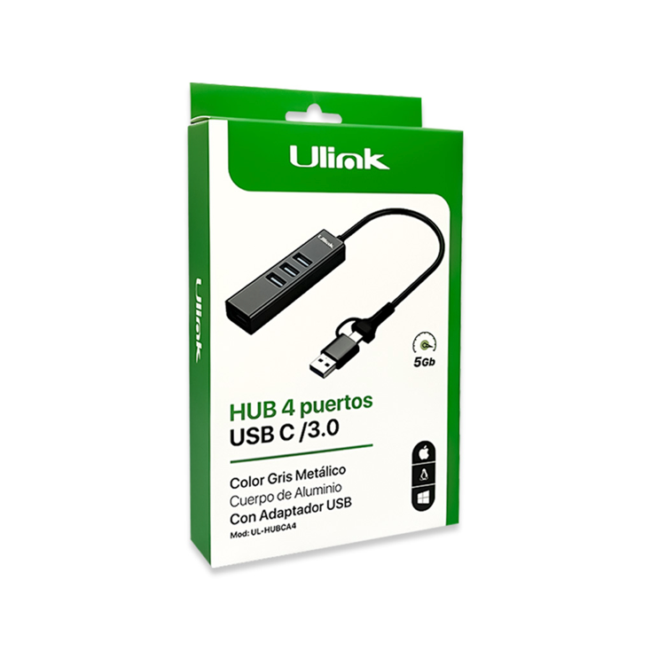HUB 4 Puertos USB/USB-C UL-HUBCA4 p/ MacBook y Windows