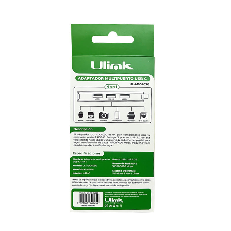 Hub USB 3.0 4 en 1 Ulink LAN + 3 USB UL-ADC403G