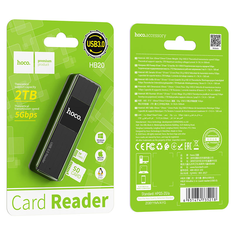 Lector de Tarjetas HOCO H20 Micro SD/TF/SD USB 3.0 5Gps 2TB