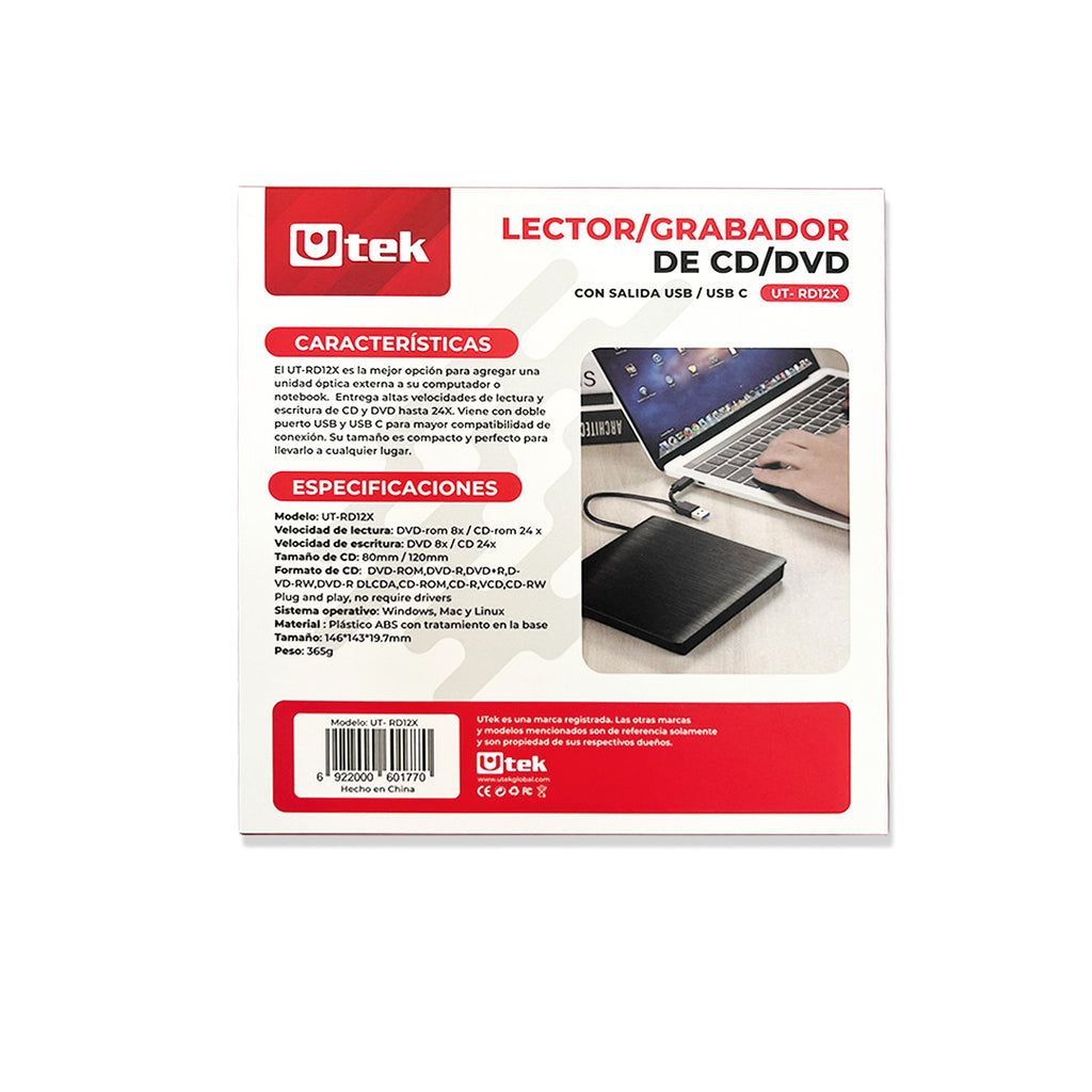 Lector Grabador CD DVD USB Externo Utek UT-RD12X