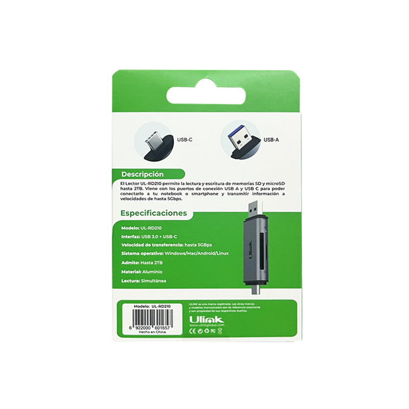 Lector de memoria dual USB C y USB 3.0 SD Micro SD UL-RD210