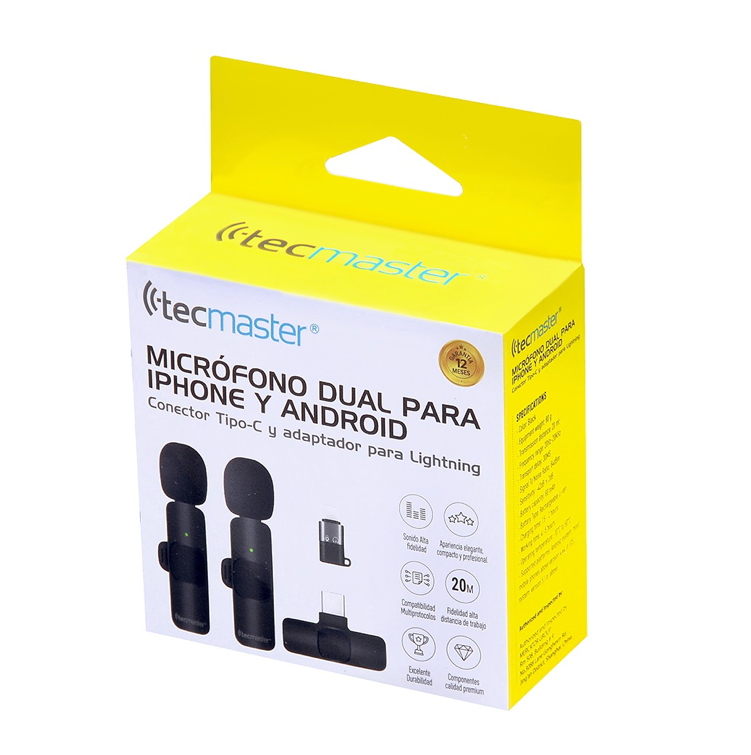 Micrófono Lavalier Inalámbrico Dual Tecmaster Android & iPhone