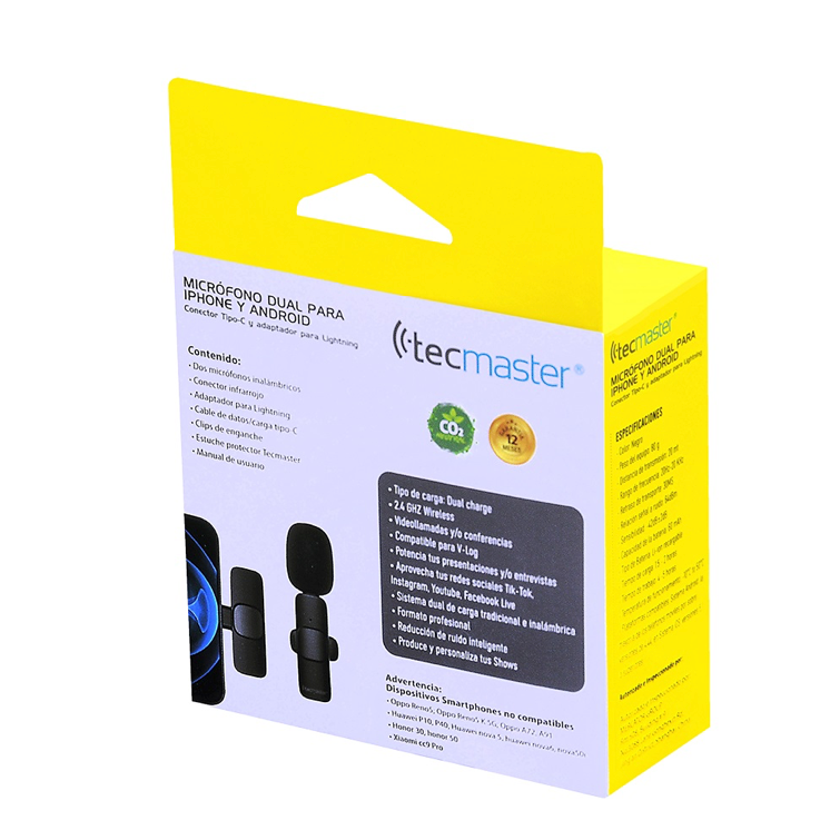 Micrófono Lavalier Inalámbrico Dual Tecmaster Android & iPhone