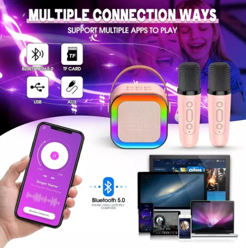 Mini Parlante Karaoke Bluetooth Efectos Sonidos Luz Led + 2 Microfonos Beige