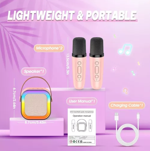 Mini Parlante Karaoke Bluetooth Efectos Sonidos Luz Led + 2 Microfonos Beige