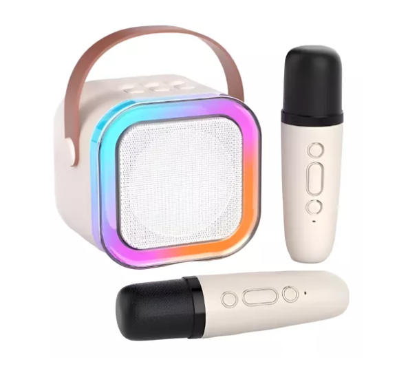 Mini Parlante Karaoke Bluetooth Efectos Sonidos Luz Led + 2 Microfonos Beige