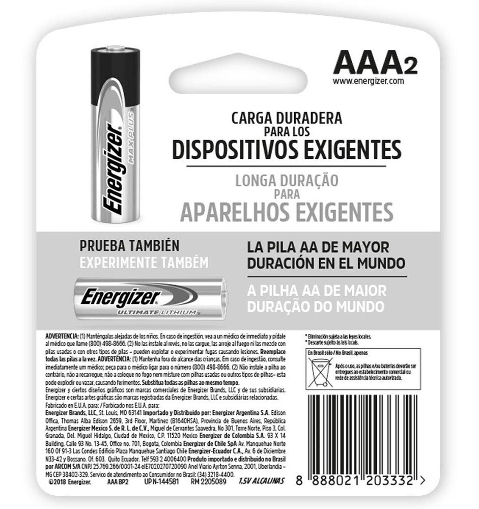 Pilas Alcalinas AAA 2 UN Energizer Max Plus