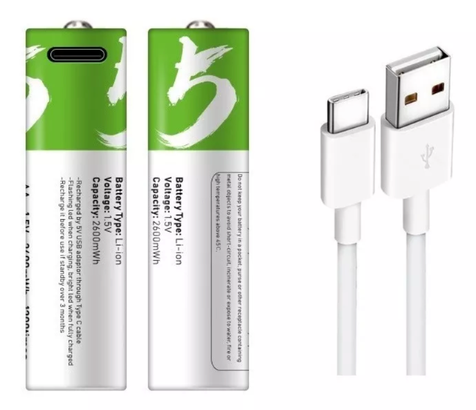 Pack 2 Pilas AA Litio 2600mah Recargables Puerto Usb C