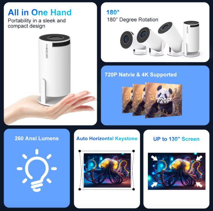 Proyector HY300 4K Android 11 Wifi Bluetooth Blanco