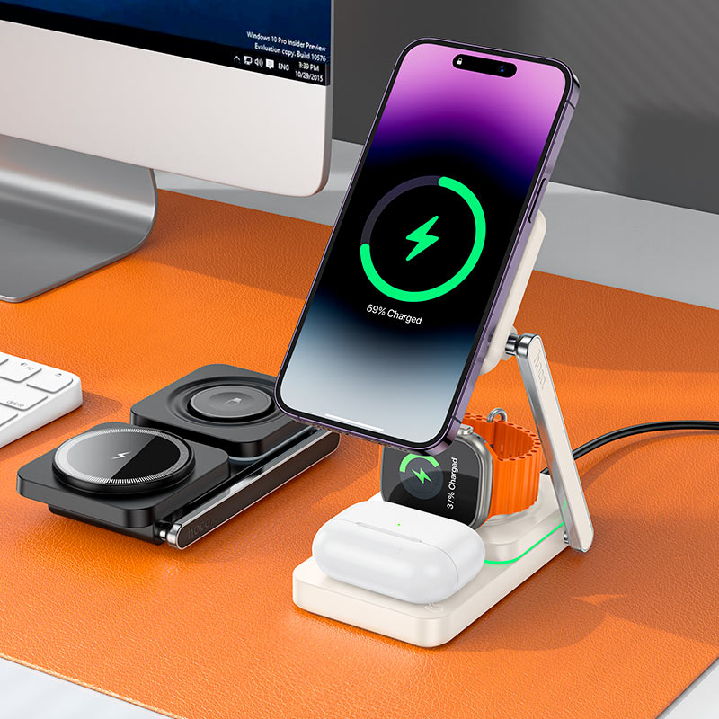 Cargador Dock Inalambrico Premium 3 en 1 Hoco CQ10 Blanco