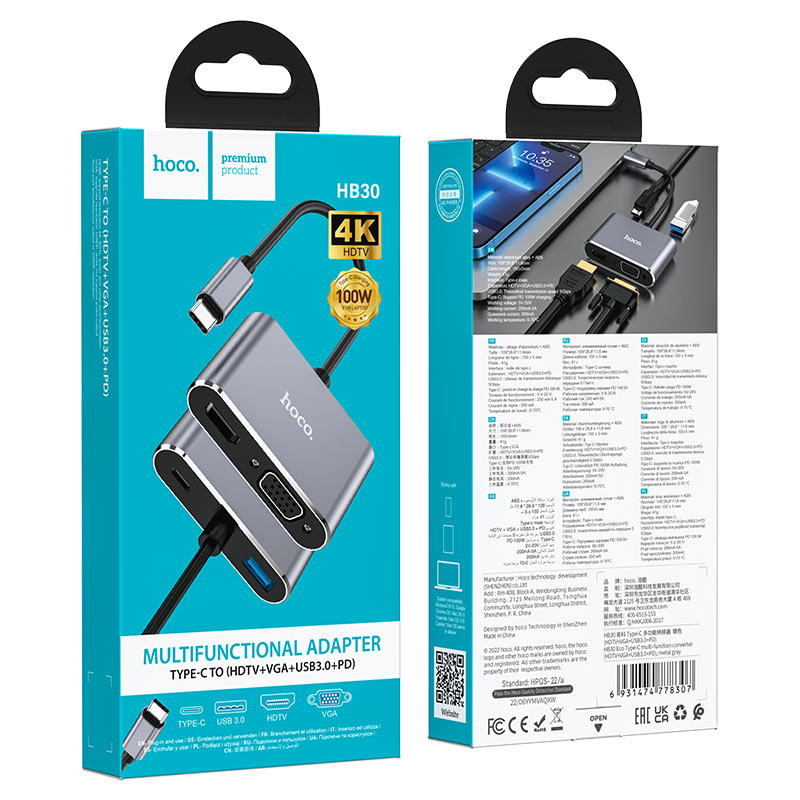 Adaptador USB-C a HDMI VGA USB 3.0 Para Notebook Macbook HOCO