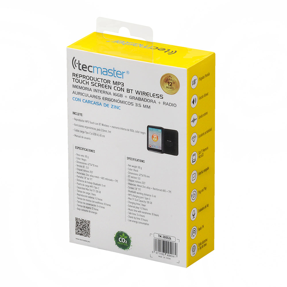 MP3 Tecmaster 16GB Bluetooth con Audífonos Jack 3.5 TM-300524