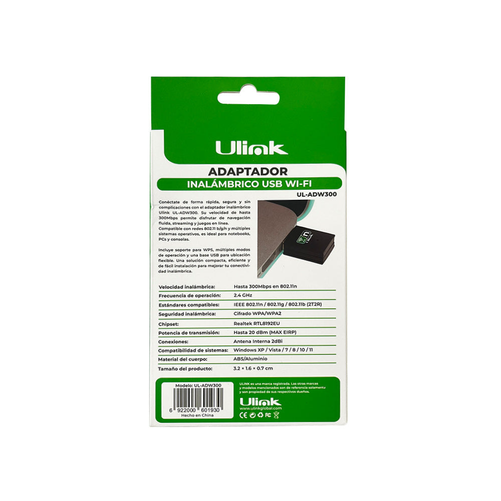 Adaptador USB WiFi 300Mbps Ulink UL-ADW300