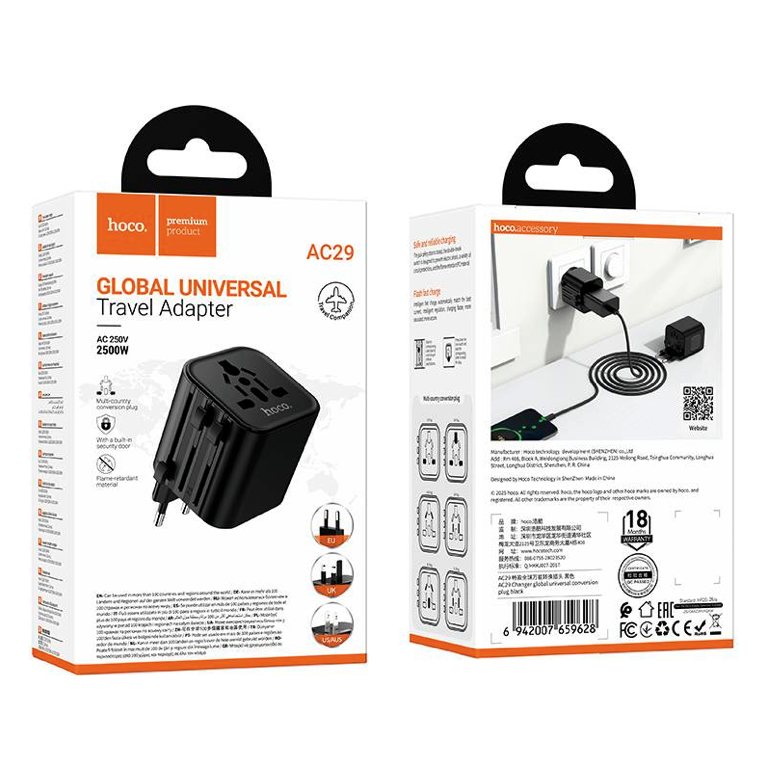 Adaptador de Enchufe Universal para Viaje Hoco AC29 Negro