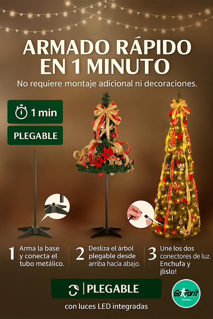 Árbol de Navidad Plegable 1.8 Metros con Decoración y Luces LED
