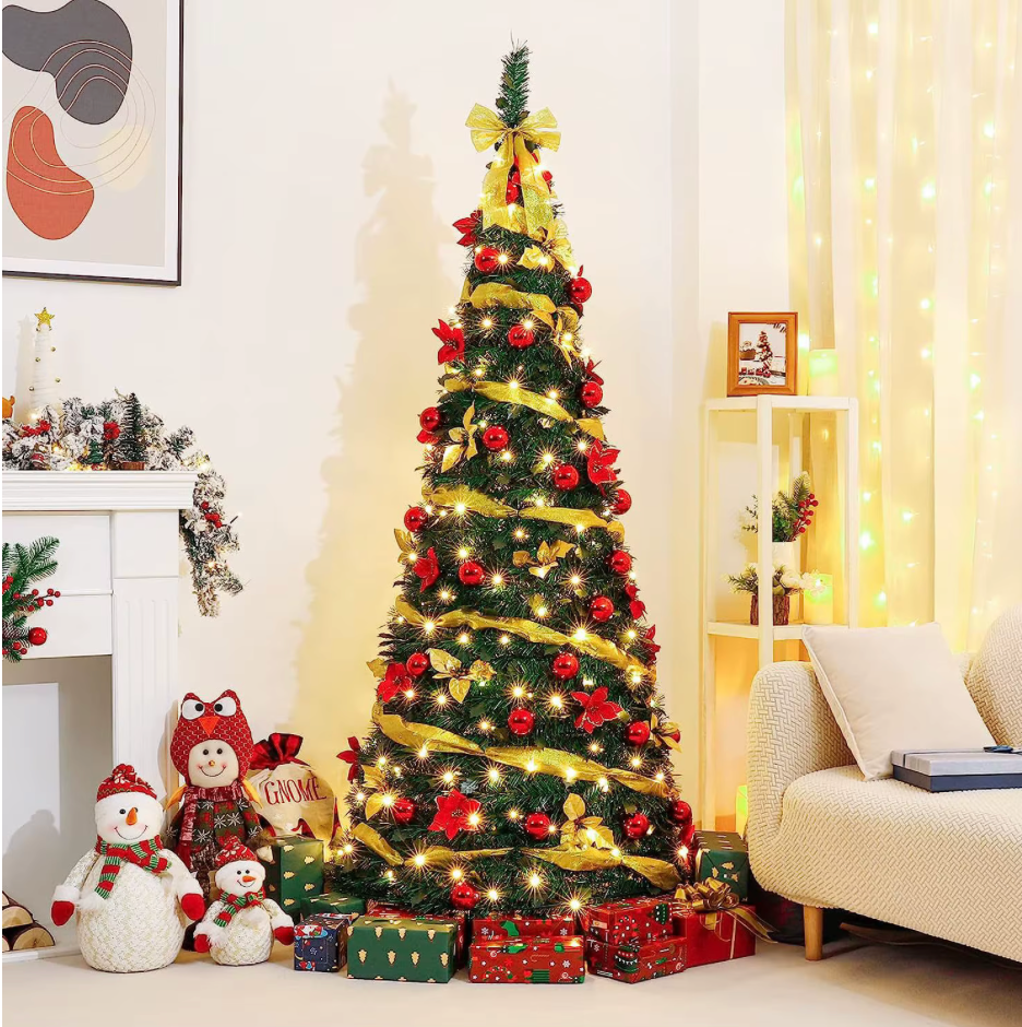 Árbol de Navidad Plegable 1.8 Metros con Decoración y Luces LED