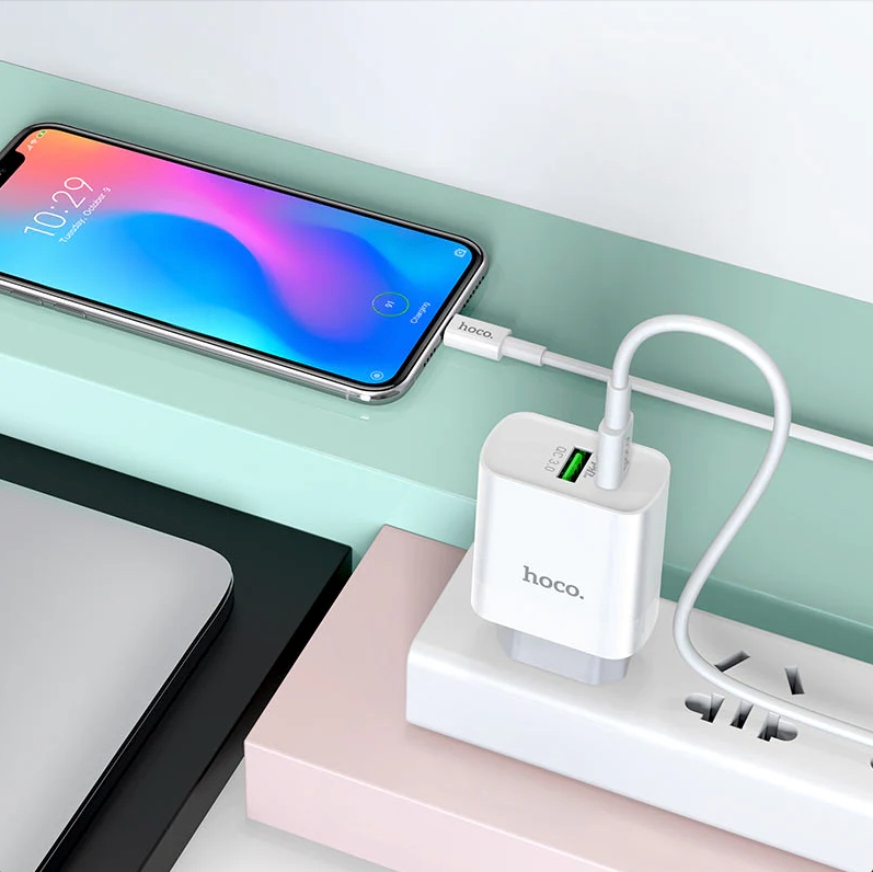 Cargador Carga Rápida Dual PD 20W Cable USB-C Hoco C80A