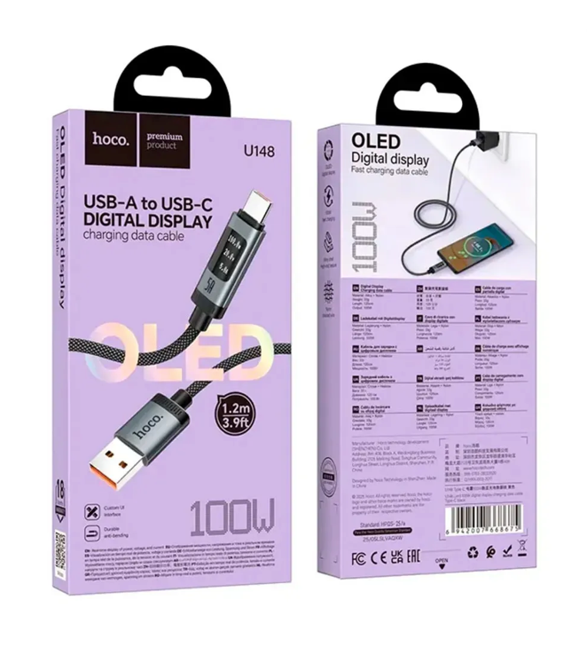 Cable USB-C Hoco U148 100W Notebook Carga Rápida Negro
