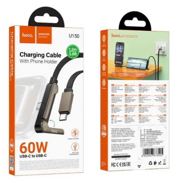 Cable USB-C Hoco U150 60W con Soporte Celular Negro
