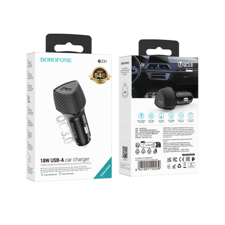 Cargador Auto 18W QC3 Borofone USB Z31 Negro