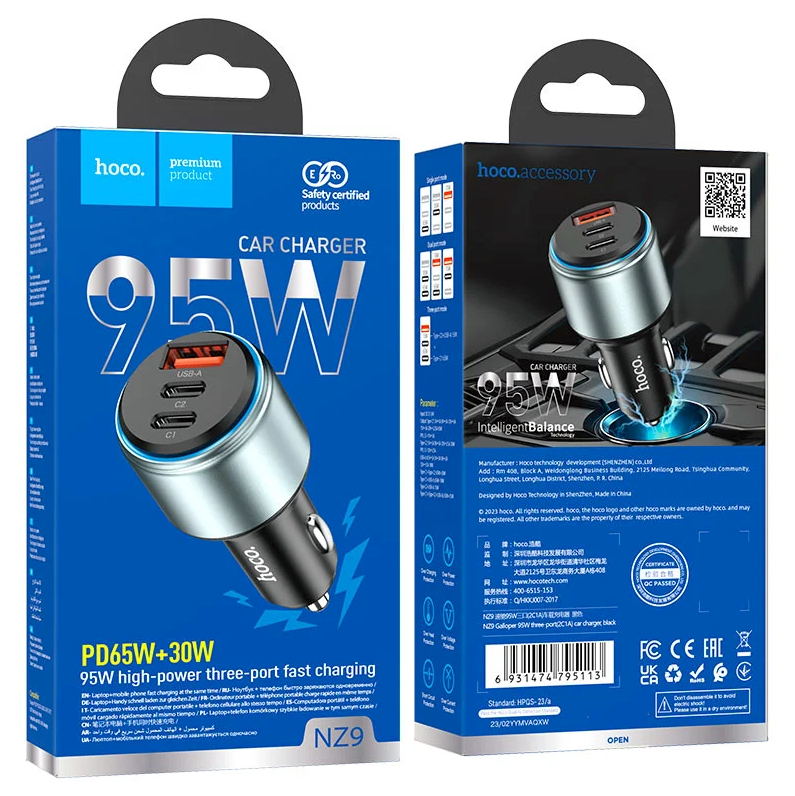 Cargador Auto Hoco NZ9 95W USB + 2 USB-C Negro