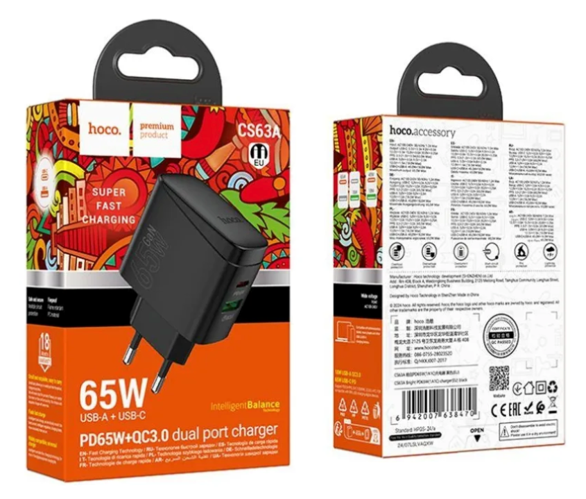 Cargador Hoco CS63A 65W USB-C con Cable Carga Rápida