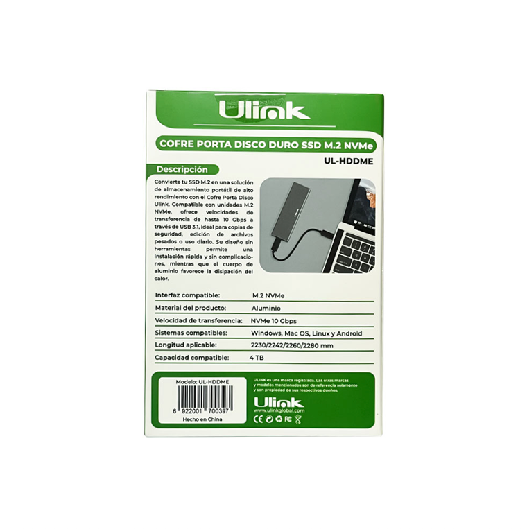 Cofre Externo SSD NVME/SATA Ulink UL-HDDME con USB-C y USB 3.0