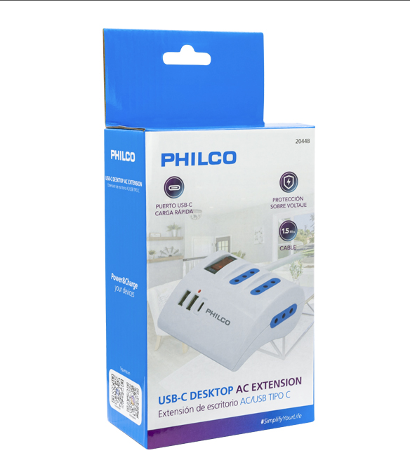 Extension Escritorio 220V + 2 USB 1 USB-C Philco 2044B